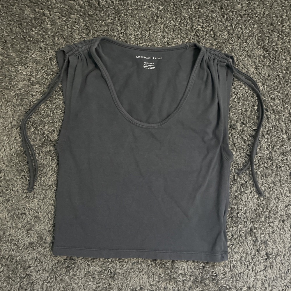 Women's American Eagle Gray Cropped Scrunch Shoulders Tie Shirt Size‎ XS